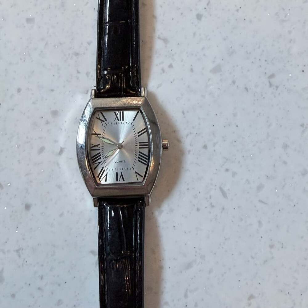 SKC Vintage Quartz Tonneau Case Watch Black Leather Strap